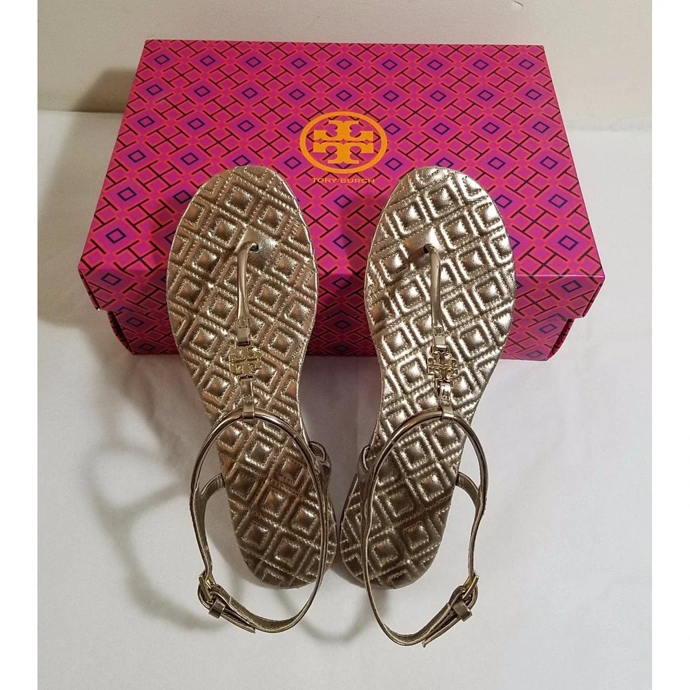 NIB Tory Burch Marion Quilted Leather T-Strap Sandal in Mica Gold Size 9.5 $225‎